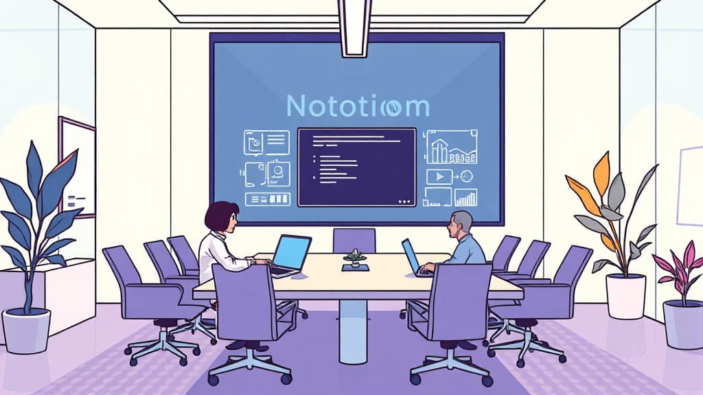 노션 AI 회의록 자동화: 똑똑한 비서로 회의 효율 극대화 7 미래의 회의 문화: 노션 AI가 가져올 변화 (illustration 스타일)