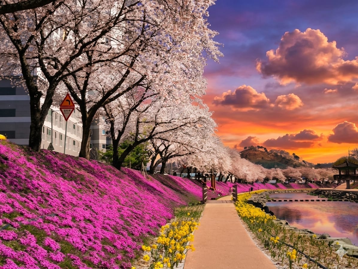 양지천 벗꽃 및 꽃길 일몰 풍경