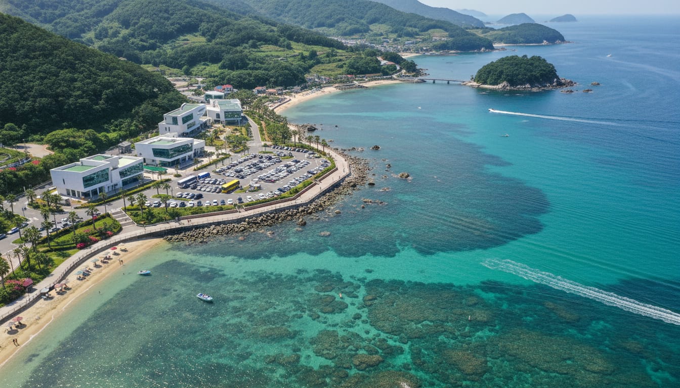 한국의 나폴리!/장호용화관광랜드 해양레포츠 & 트레킹. 맛집 BEST 4 2 장호용화관광랜드의 맑은 바다와 현대적인 해안 시설이 조화를 이룬 전경