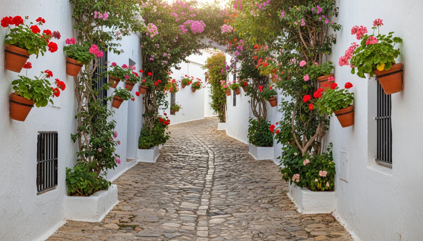 스페인 남부/하얀 마을: 론다 누에보 다리부터/미식까지: 하얀 마을/완벽 가이드 4 스페인 안달루시아 하얀 마을의 좁고 구불구불한 골목길. 흰색 벽에 화려한 꽃들이 놓여 있고, 햇살이 부드럽게 비추는 정감 어린 풍경.