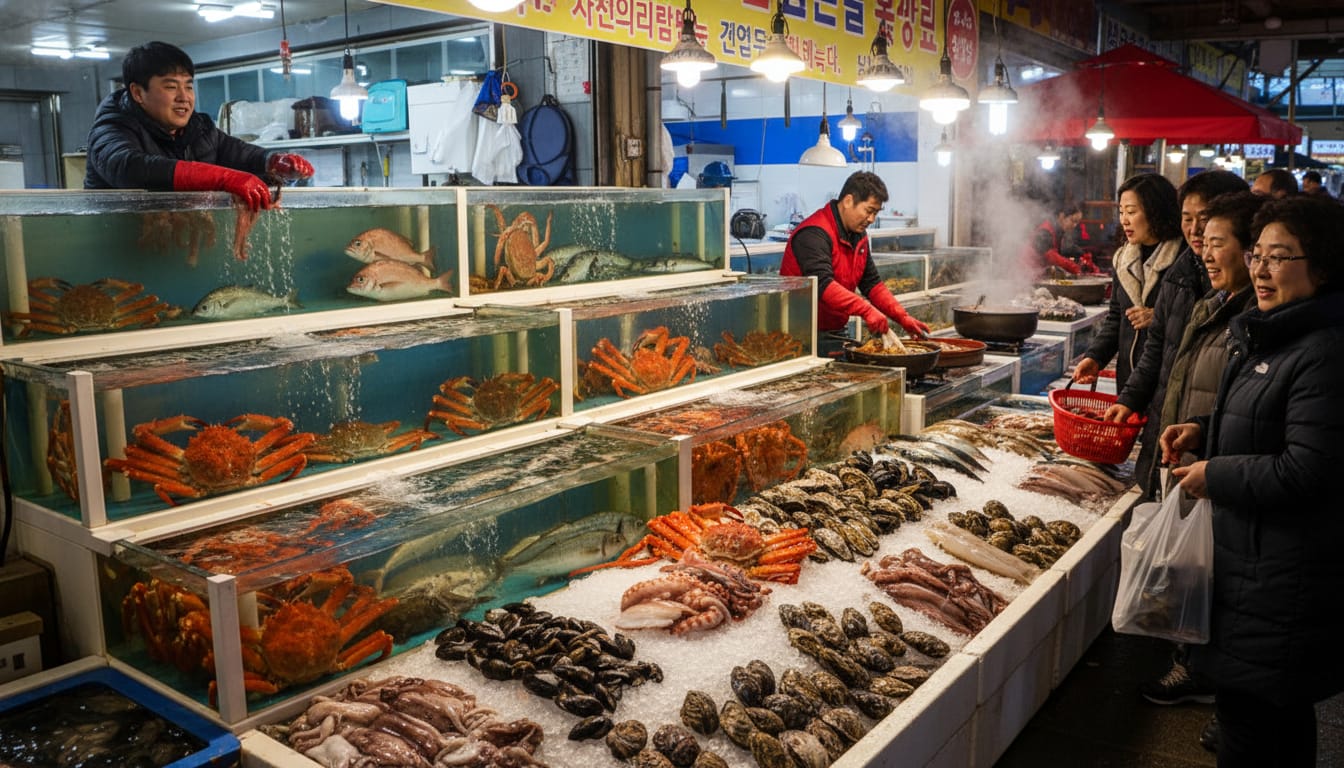 한국의 나폴리!/장호용화관광랜드 해양레포츠 & 트레킹. 맛집 BEST 4 4 신선한 해산물이 가득한 장호항 주변 활기찬 수산시장 풍경