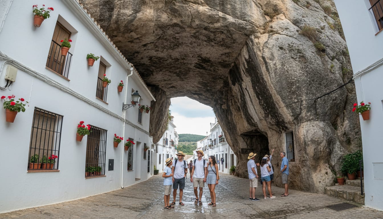 스페인 남부/하얀 마을: 론다 누에보 다리부터/미식까지: 하얀 마을/완벽 가이드 3 스페인 세테닐 데 라스 보데가스의 독특한 풍경. 거대한 바위 아래에 지어진 하얀 집들이 늘어선 거리의 모습.