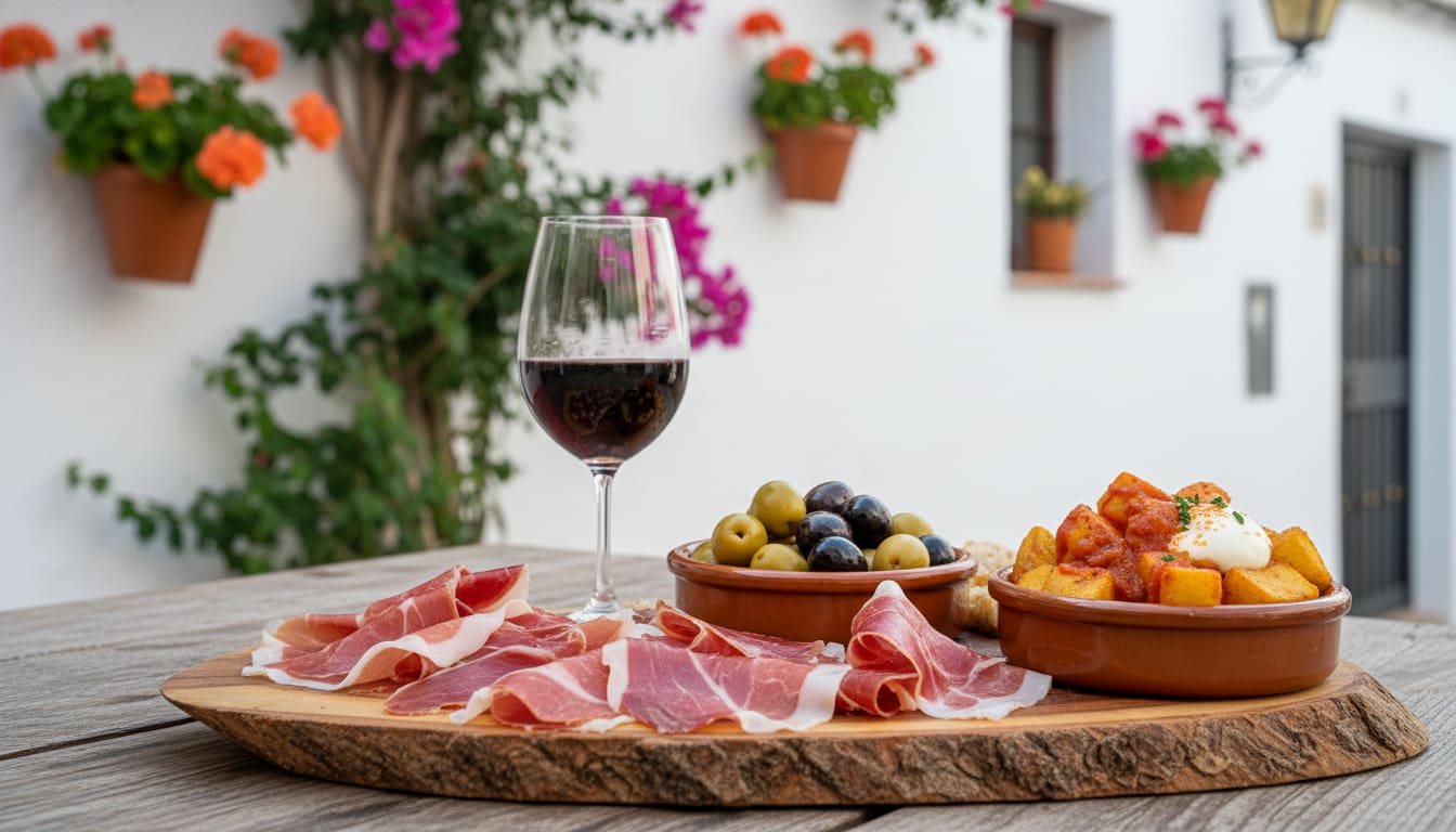 스페인 남부/하얀 마을: 론다 누에보 다리부터/미식까지: 하얀 마을/완벽 가이드 5 스페인 하얀 마을 야외 식당에서 즐기는 다양한 타파스 플래터. 하몬 이베리코, 올리브, 파타타스 브라바스와 레드 와인이 먹음직스럽게 놓여 있습니다.